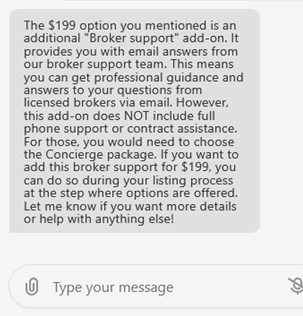 Beycome AI assistant explaining the $199 Broker Support add-on