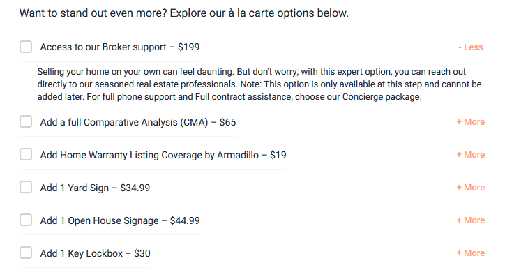 Beycome checkout showing the optional $199 Broker Support add-on and AI explanation of broker support levels