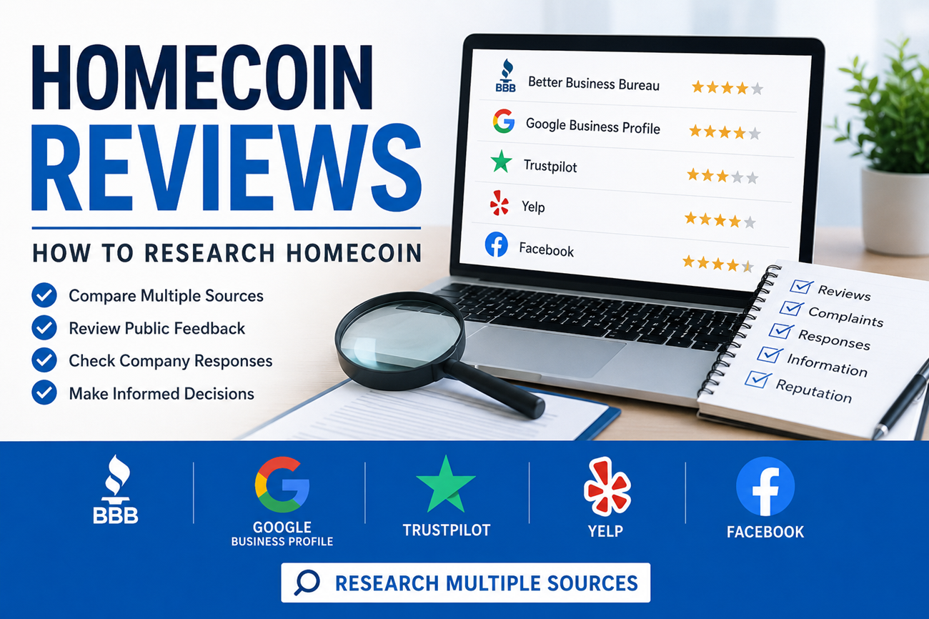 Homecoin Reviews Guide showing BBB, Google, Trustpilot, Yelp, Facebook, and research resources
